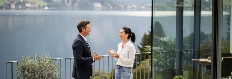 Agent immobilier présentant une villa suisse avec vue sur le lac à des clients