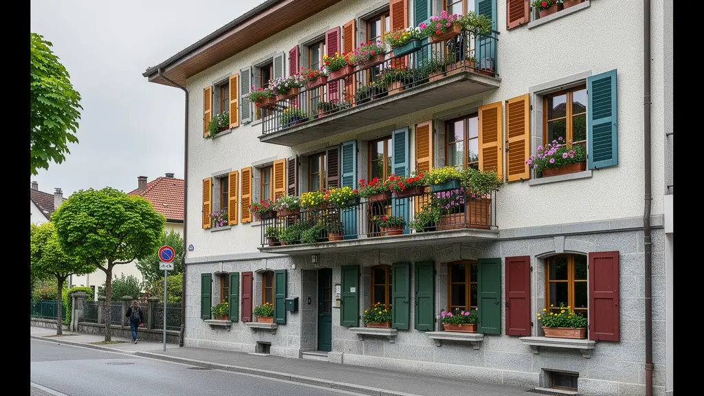 Immeuble résidentiel suisse avec balcons fleuris et façade bien entretenue