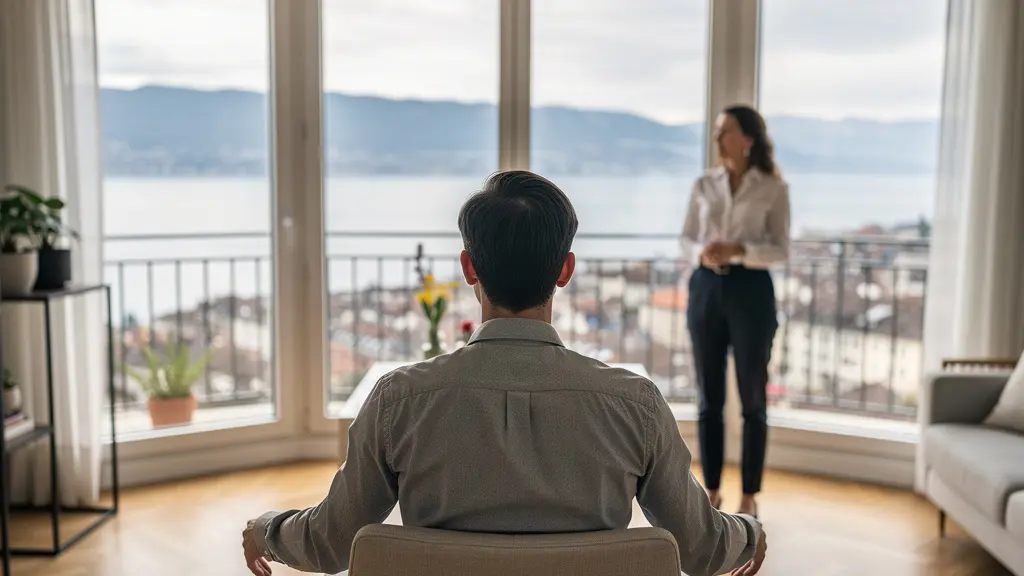 Visiteur découvrant un appartement lumineux avec vue sur le lac Léman à Lausanne