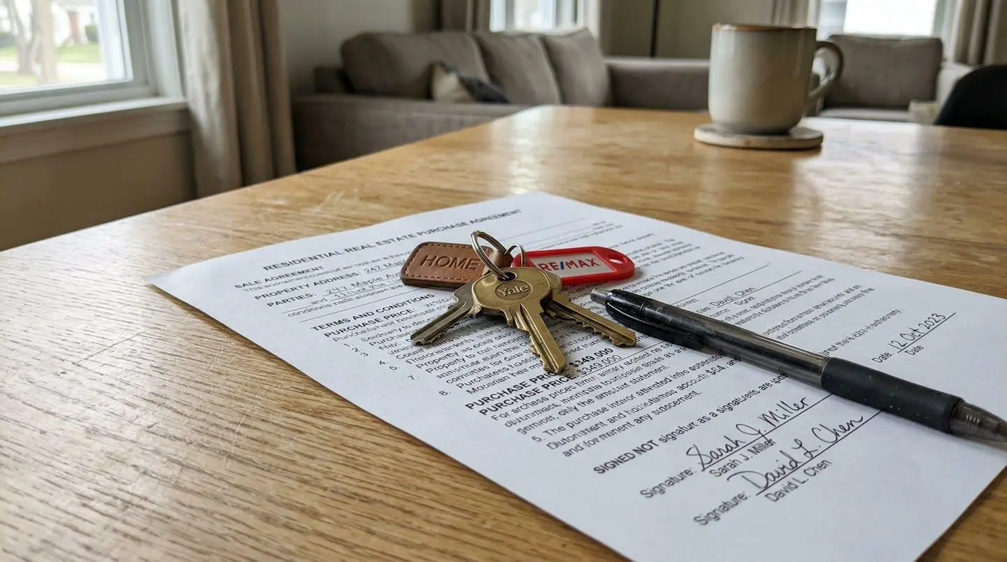Des clés de maison posées sur un contrat de mandat avec un stylo, sur une table en bois clair