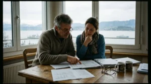 Un couple d'une cinquantaine d'années consulte des documents immobiliers dans un salon contemporain baigné de lumière naturelle