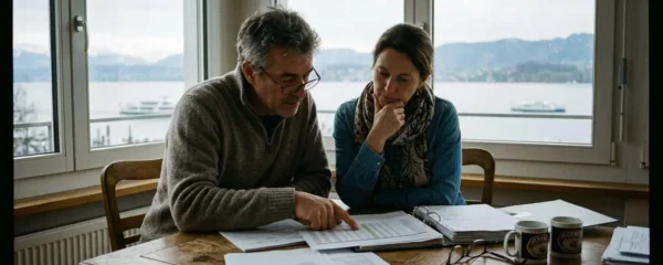 Un couple d'une cinquantaine d'années consulte des documents immobiliers dans un salon contemporain baigné de lumière naturelle