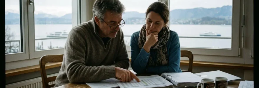 Un couple d'une cinquantaine d'années consulte des documents immobiliers dans un salon contemporain baigné de lumière naturelle