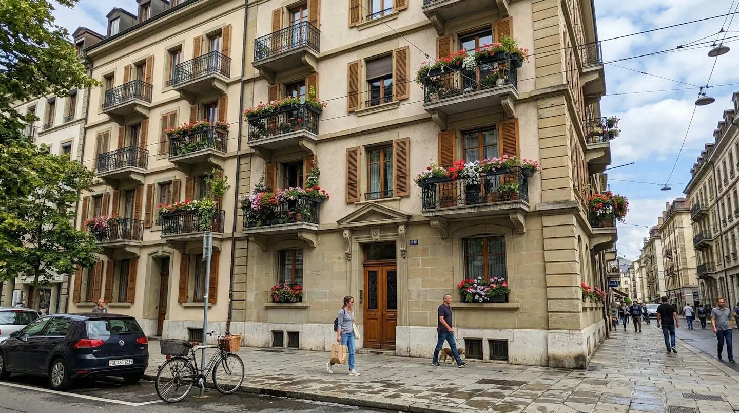 Façade d'un immeuble d'habitation genevois avec balcons fleuris, vue depuis le trottoir