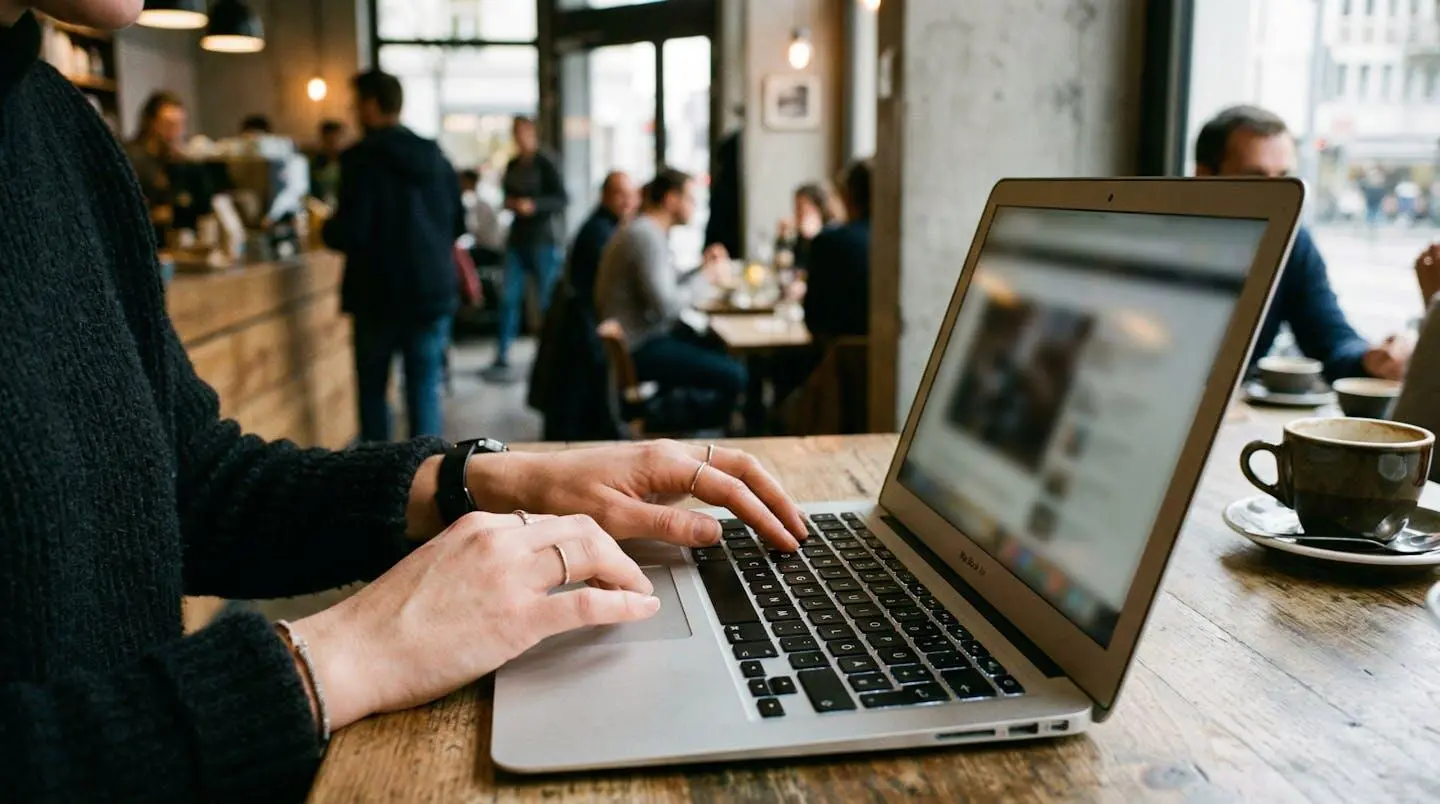 Des mains naviguent sur le clavier d'un ordinateur portable dans un café moderne aux grandes baies vitrées
