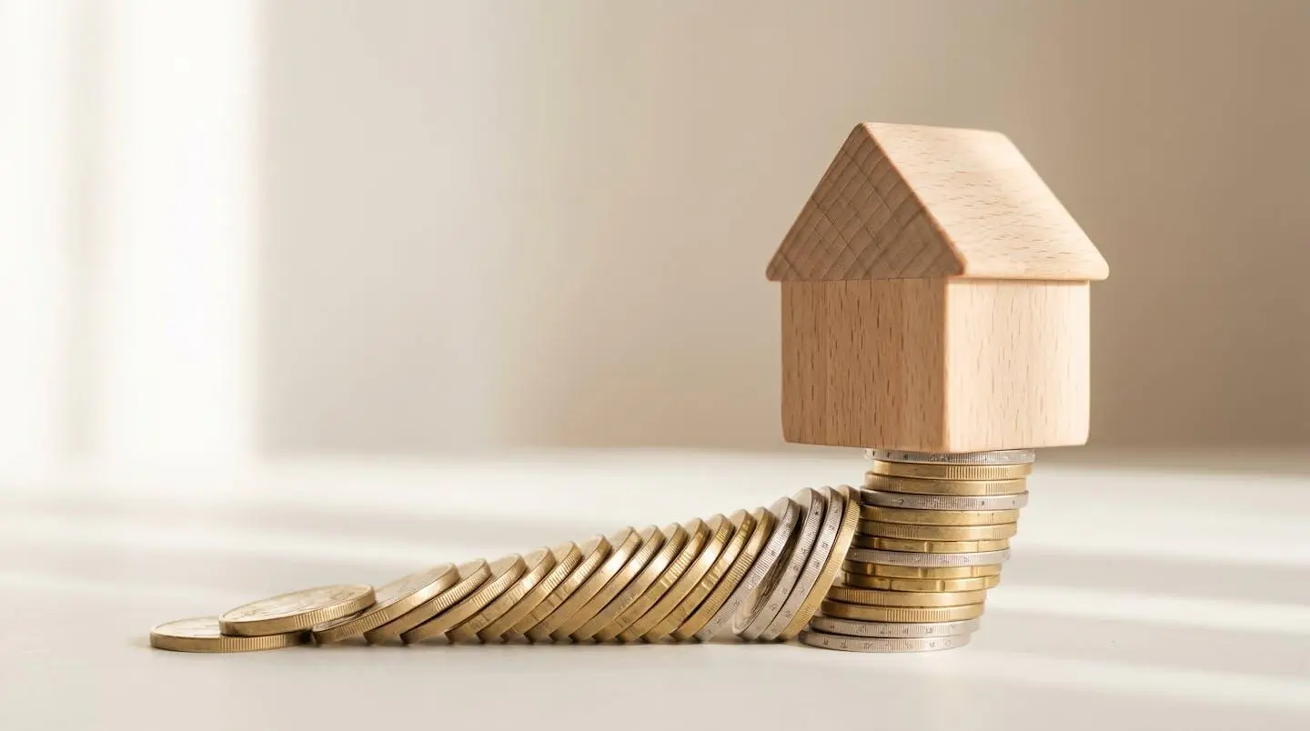 Maison miniature en bois posée sur une pile croissante de pièces de monnaie symbolisant l'épargne progressive pour un projet immobilier