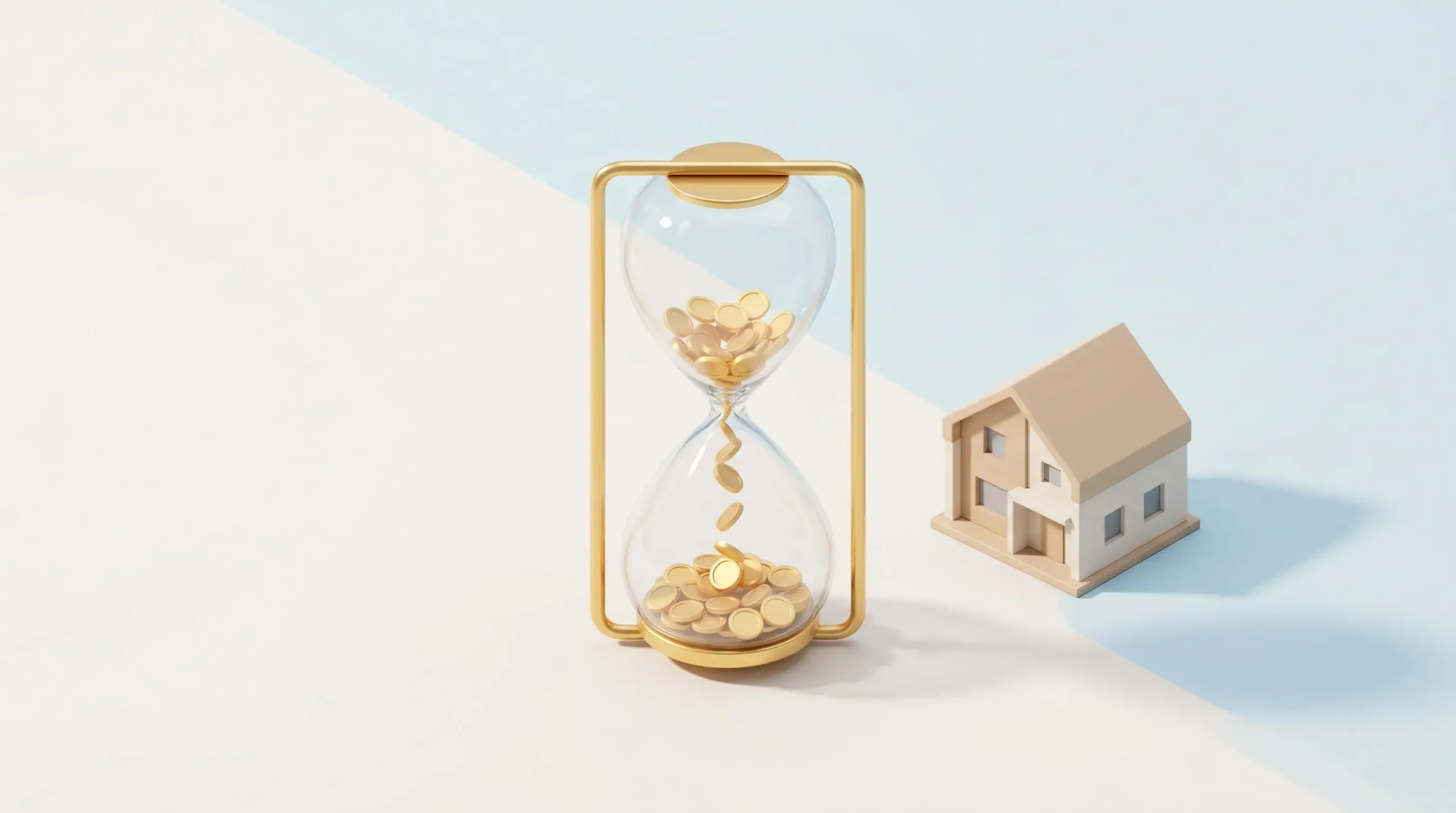 Illustration 3D d'un sablier avec des pièces de monnaie qui s'écoulent et une maison miniature symbolisant l'accumulation de droits à prêt dans le temps