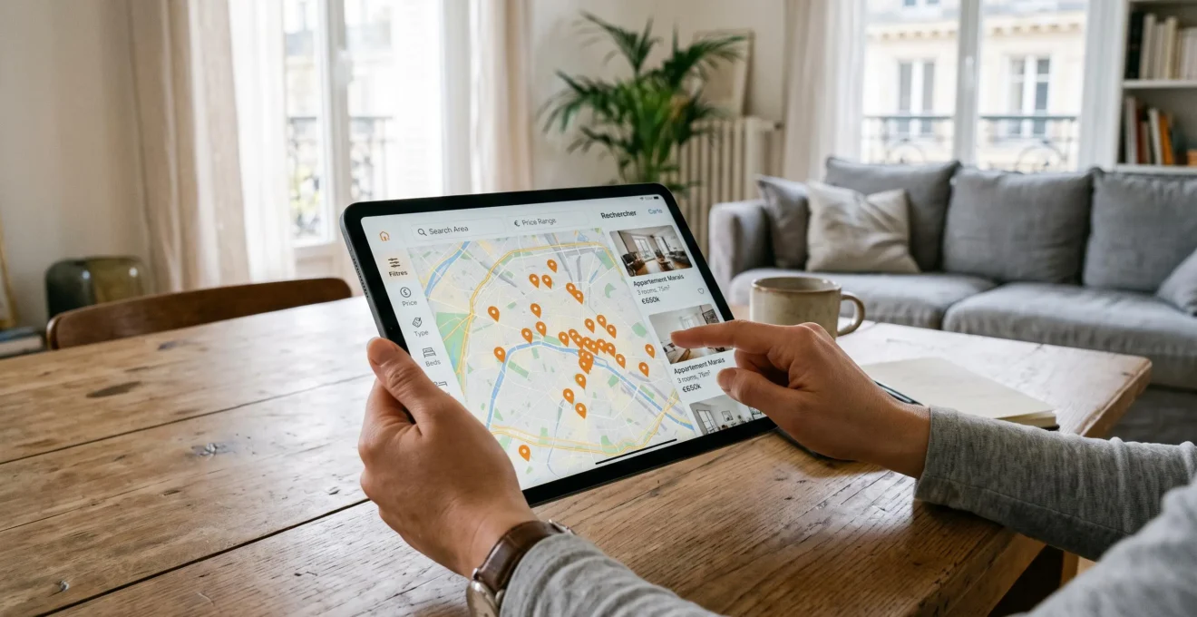 Des mains tenant une tablette affichant une carte interactive de recherche immobilière avec des épingles de biens et des filtres.