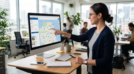 Un concepteur web travaille sur l'interface d'un site immobilier affichant une carte interactive avec des repères de biens et des filtres de recherche sur un écran d'ordinateur.