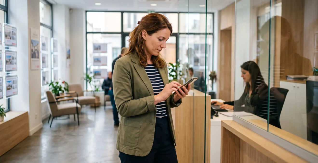 Une femme debout dans le hall d'une agence immobilière utilise son smartphone pour remplir un formulaire de contact.